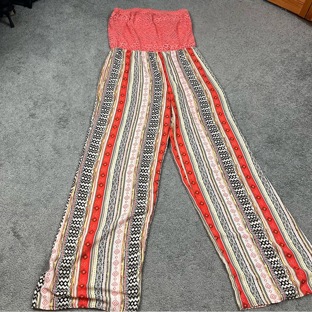 Persaya Coral Crochet Strapless Wide-Leg Printed Jumpsuit